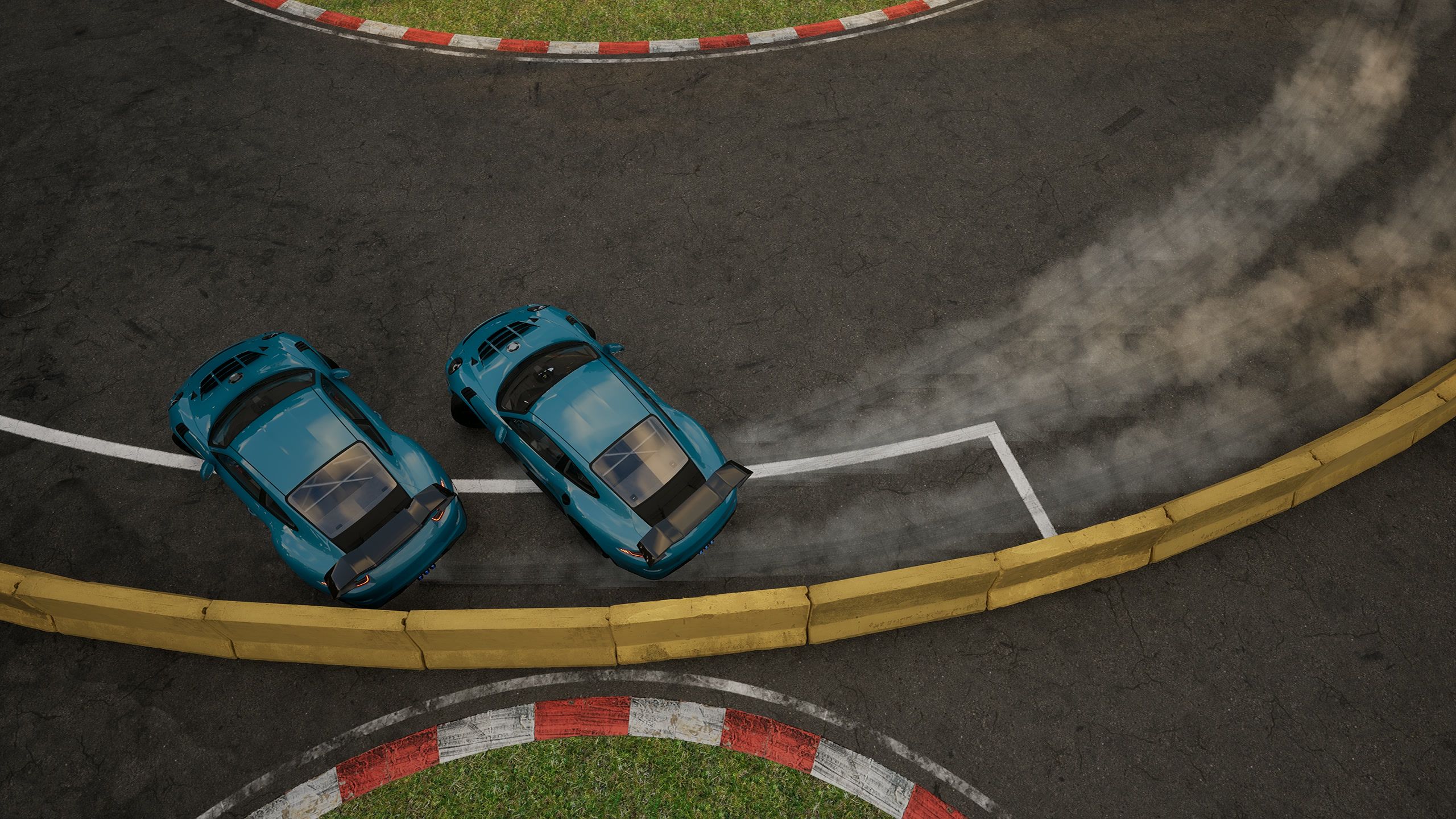 Overhead replay camera following a teal tandem pair along a yellow wall