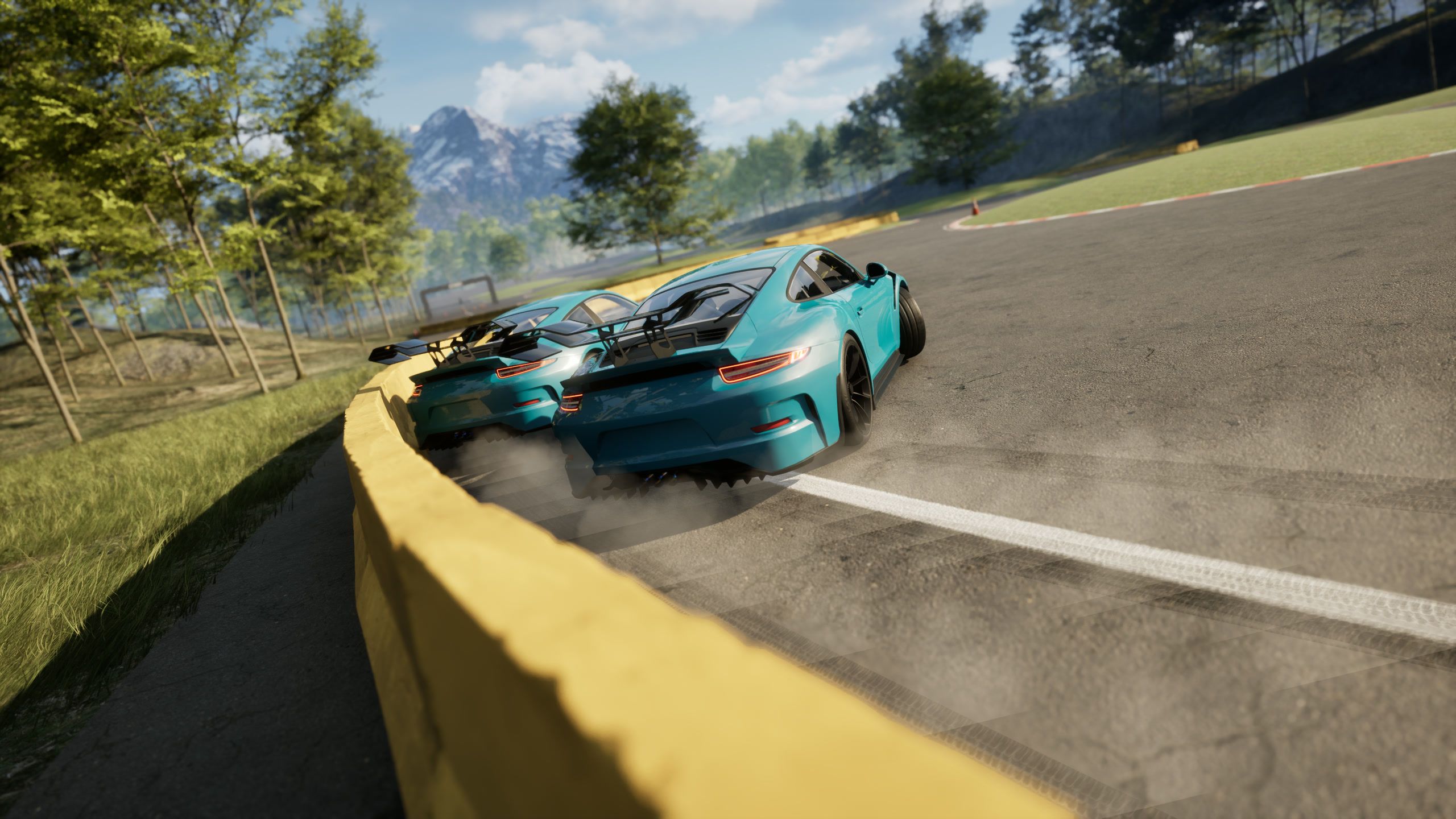 Teal tandem pair in smoke against a yellow wall