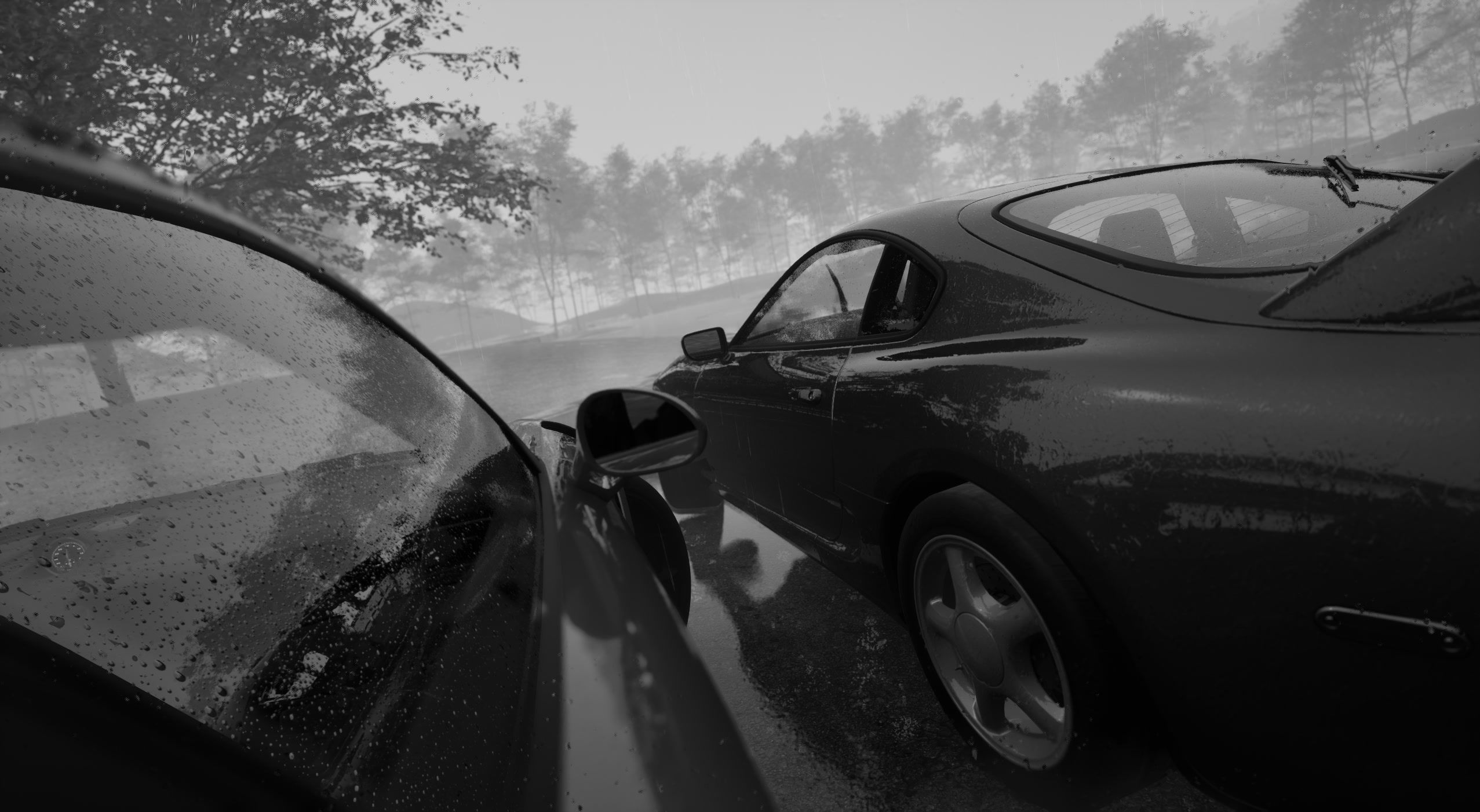 Monochrome door-to-door shot from the chase car window