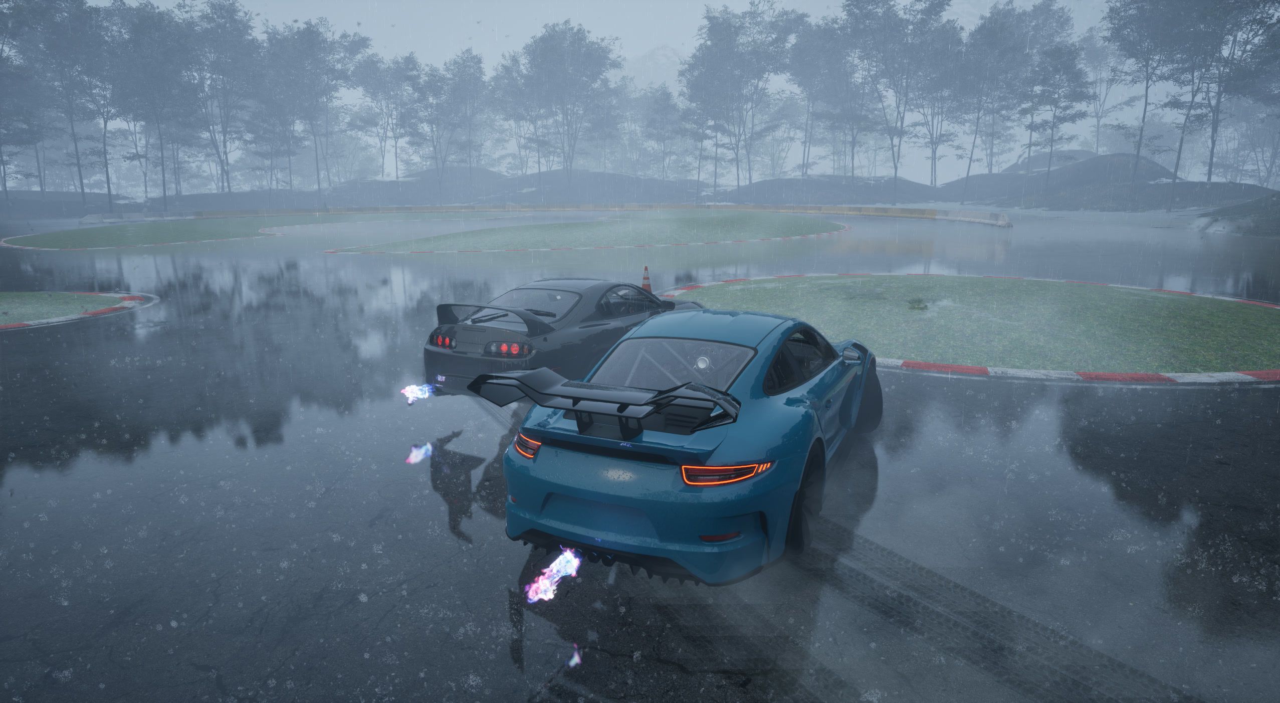Tandem across puddled asphalt, seen from above