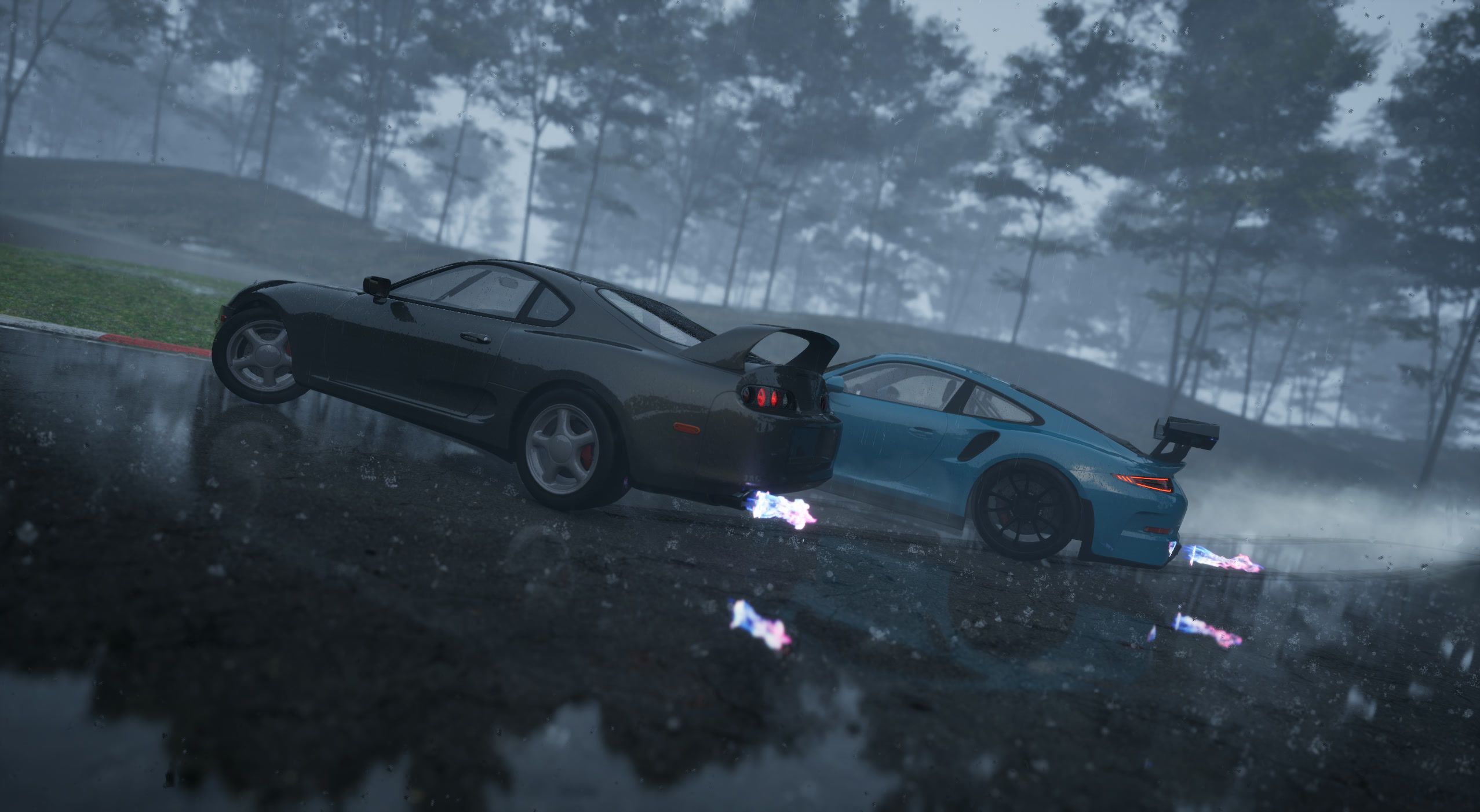 Low angle on the black leader and teal chaser in the rain