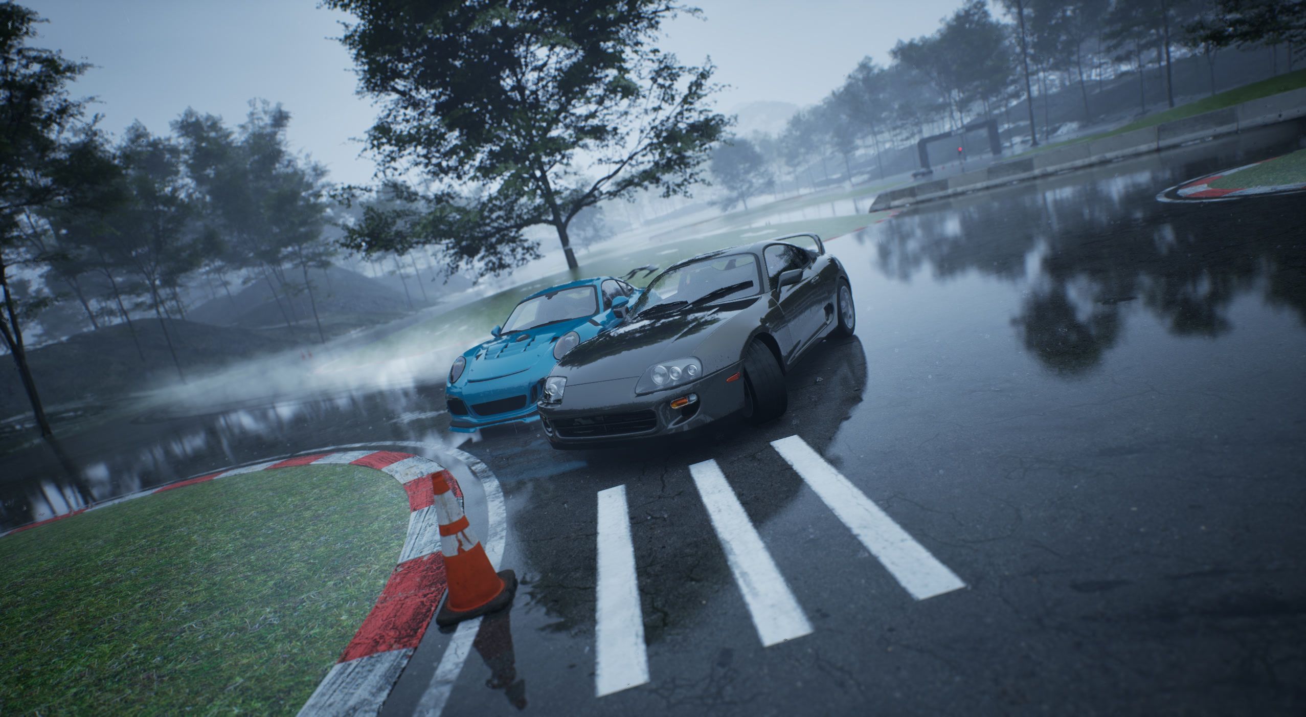 Tandem pair in rain, front view